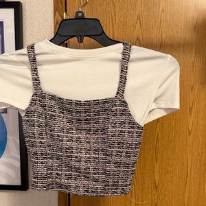 Tweed Pink & Black Cropped Tank Top & skirt set